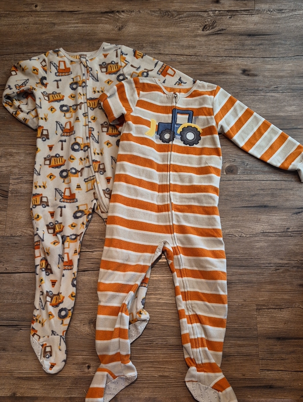 Kids Headquarters Orange and Cream Striped Footie with Tractor Applique
